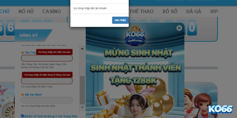 Nhập các thông tin đúng tại KO66